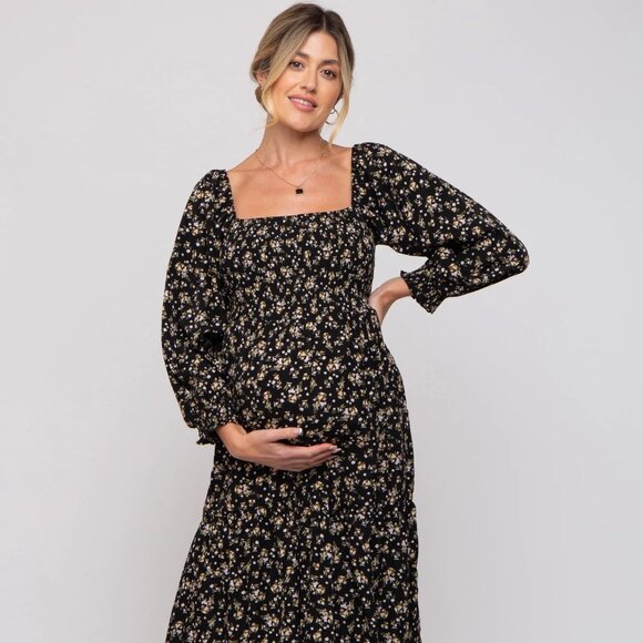 Pinkblush maternity Black Floral Smocked Long Sleeve Maternity Maxi Dress - Picture 1 of 2